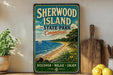A vintage-style sign for Sherwood Island State Park in Connecticut, featuring a scenic beach and sailboat illustration.