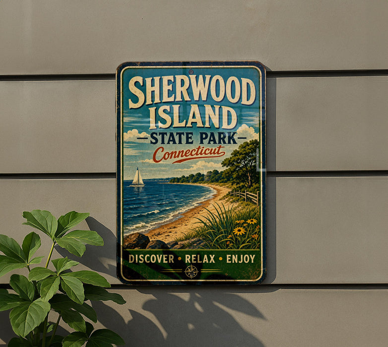 A vintage-style sign for Sherwood Island State Park in Connecticut, featuring a scenic beach and sailboat image.