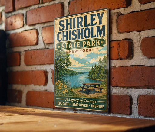 A vintage-style metal sign for Shirley Chisholm State Park in New York, featuring a scenic landscape with a lake, trees, and a picnic table.