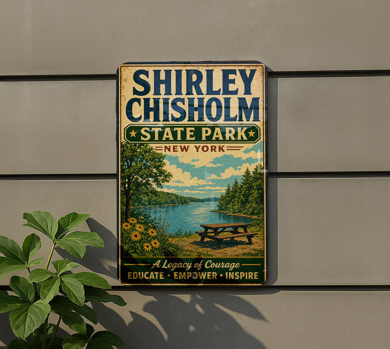 A vintage-style sign for Shirley Chisholm State Park in New York, featuring a scenic landscape with a lake, trees, and a picnic table.