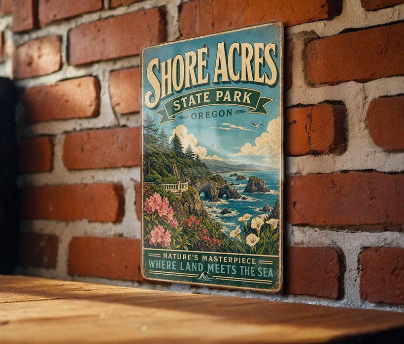 A vintage-style metal sign for Shore Acres State Park in Oregon, featuring a scenic coastal landscape with cliffs, flowers, and a body of water.
