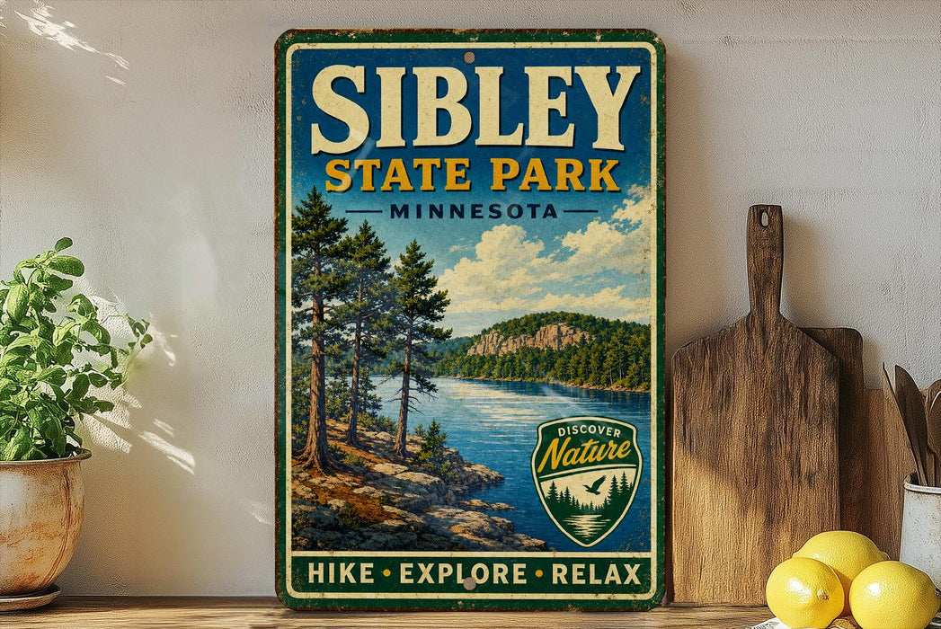 a vintage-style sign for Sibley State Park in Minnesota, with a scenic landscape of pine trees, a lake, and mountains in the background.