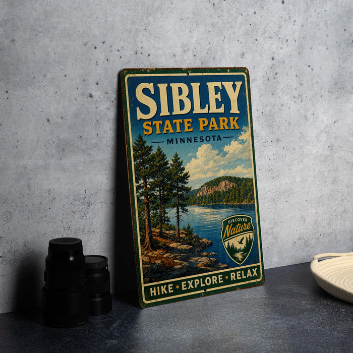A vintage metal sign for Sibley State Park in Minnesota, featuring a scenic landscape with pine trees, a lake, and mountains.