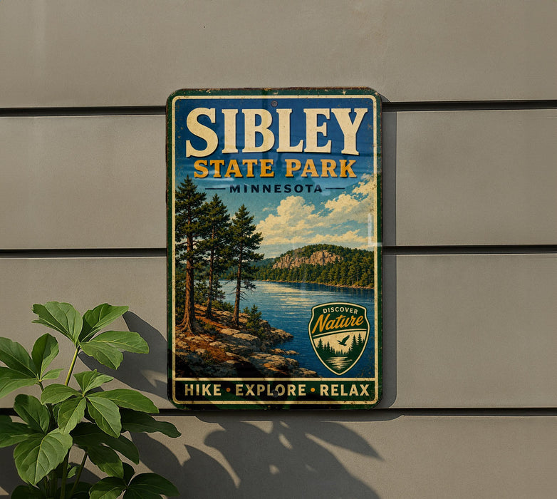 A vintage-style sign for Sibley State Park in Minnesota, featuring a scenic landscape with pine trees, a lake, and mountains.