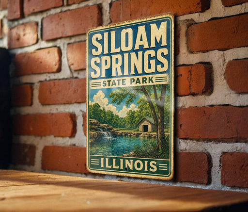 A vintage-style metal sign for Siloam Springs State Park in Illinois, featuring a scenic landscape with a waterfall and a cabin.