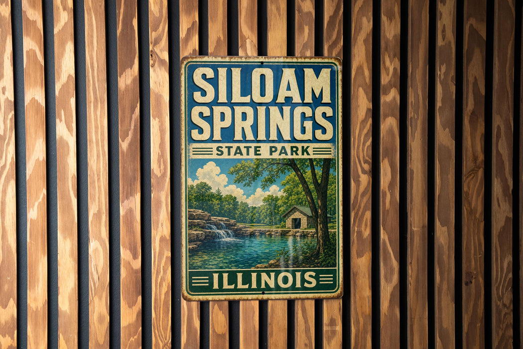 A vintage metal sign for Siloam Springs State Park in Illinois, featuring a scenic landscape with a waterfall and a small cabin.