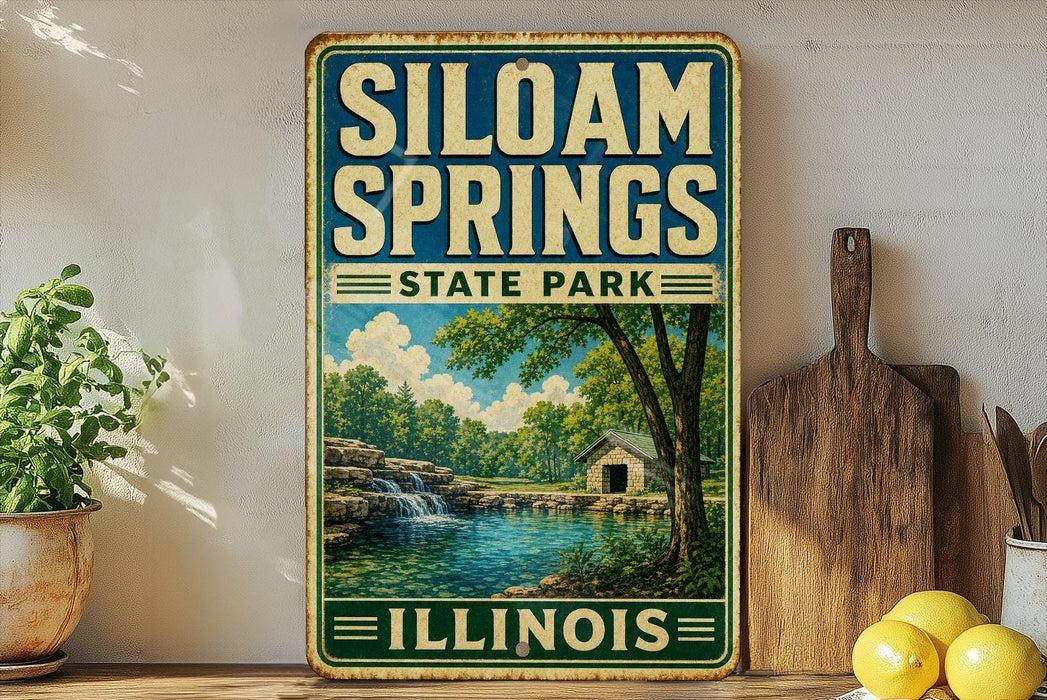 A vintage-style sign for Siloam Springs State Park in Illinois, featuring a scenic landscape with a waterfall and a small cabin.