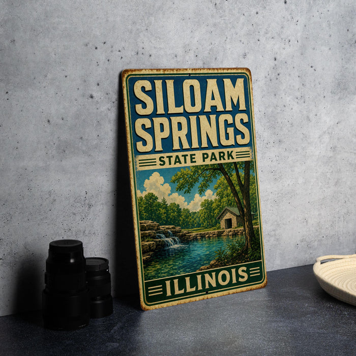 A vintage-style sign for Siloam Springs State Park in Illinois, featuring a scenic illustration of the park's natural landscape.