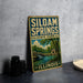 A vintage-style sign for Siloam Springs State Park in Illinois, featuring a scenic illustration of the park's natural landscape.
