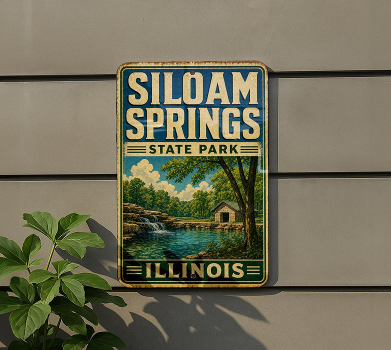 A vintage-style metal sign for Siloam Springs State Park in Illinois, featuring a scenic landscape with a waterfall and a small cabin.