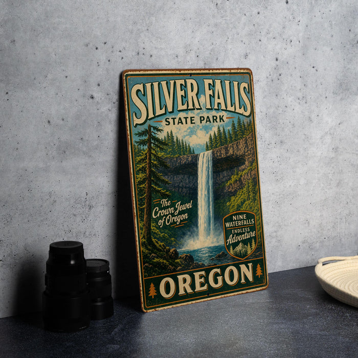 A vintage-style sign for Silver Falls State Park in Oregon, featuring a waterfall and forest scenery.