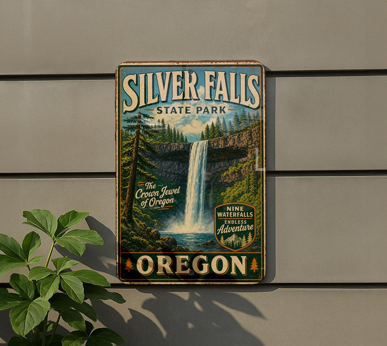 A vintage-style metal sign for Silver Falls State Park in Oregon, featuring a waterfall and forest scenery.