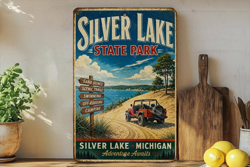 A vintage-style sign for Silver Lake State Park, featuring a red Jeep parked on a dirt road with a scenic landscape in the background.