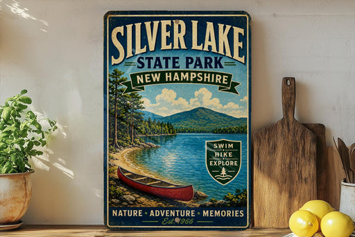A vintage-style metal sign for Silver Lake State Park in New Hampshire, featuring a scenic image of a lake, mountains, and a red canoe.