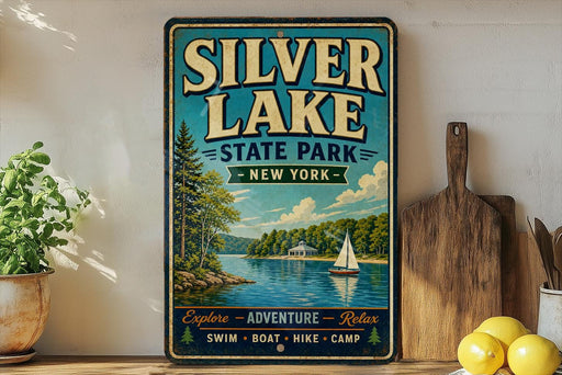 A vintage-style sign for Silver Lake State Park in New York, featuring a scenic illustration of a lake, trees, and a sailboat.