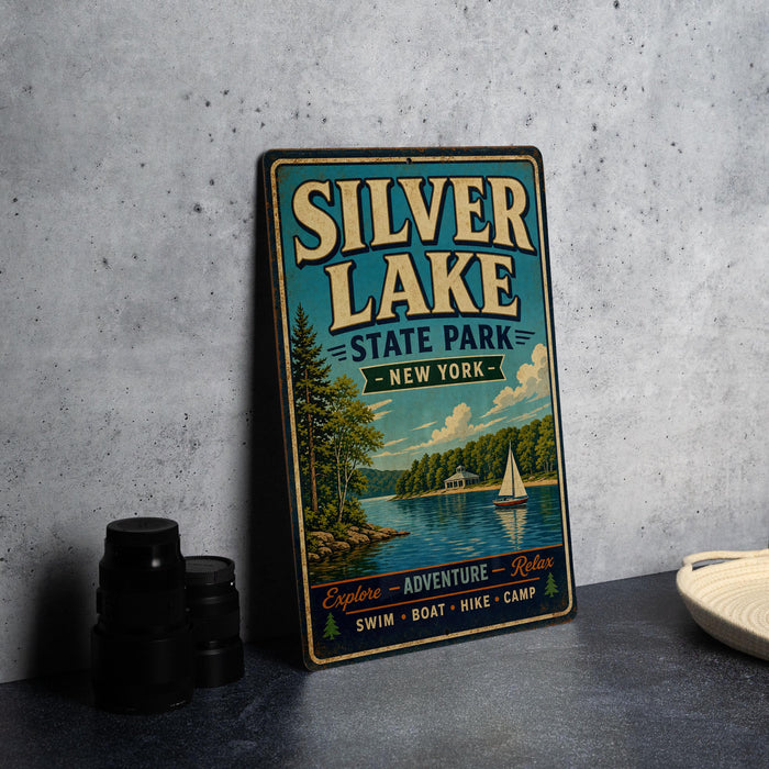 A vintage-style metal sign for Silver Lake State Park in New York, featuring a scenic illustration of a lake with a sailboat and mountains in the background.
