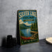A vintage-style metal sign for Silver Lake State Park in Vermont, featuring a scenic image of a lake, mountains, and a canoe.
