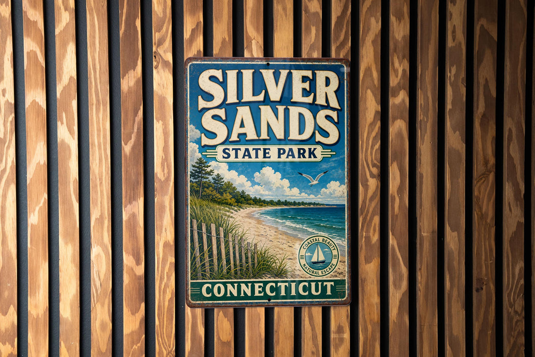 A vintage metal sign for Silver Sands State Park in Connecticut, featuring a scenic beach landscape with a lighthouse and a bird in flight.