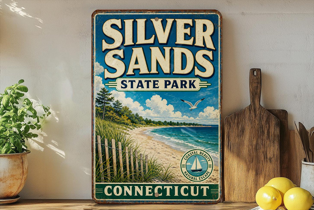 A vintage-style metal sign for Silver Sands State Park in Connecticut, featuring a beach scene with a lighthouse and a bird flying overhead.