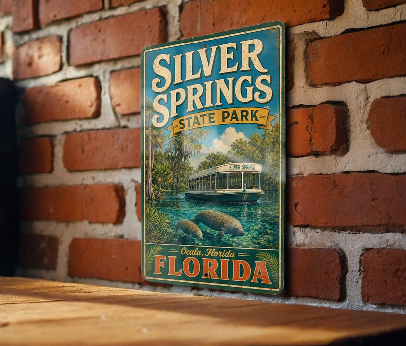 A vintage-style sign for Silver Springs State Park in Florida, featuring a boat on a body of water surrounded by palm trees.