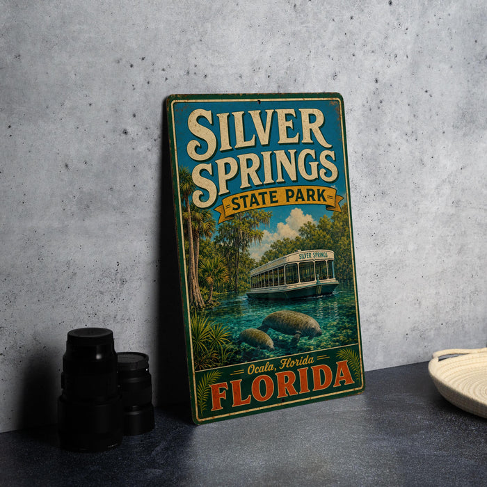 A vintage-style metal sign for Silver Springs State Park in Florida, featuring a boat on a lake surrounded by palm trees.