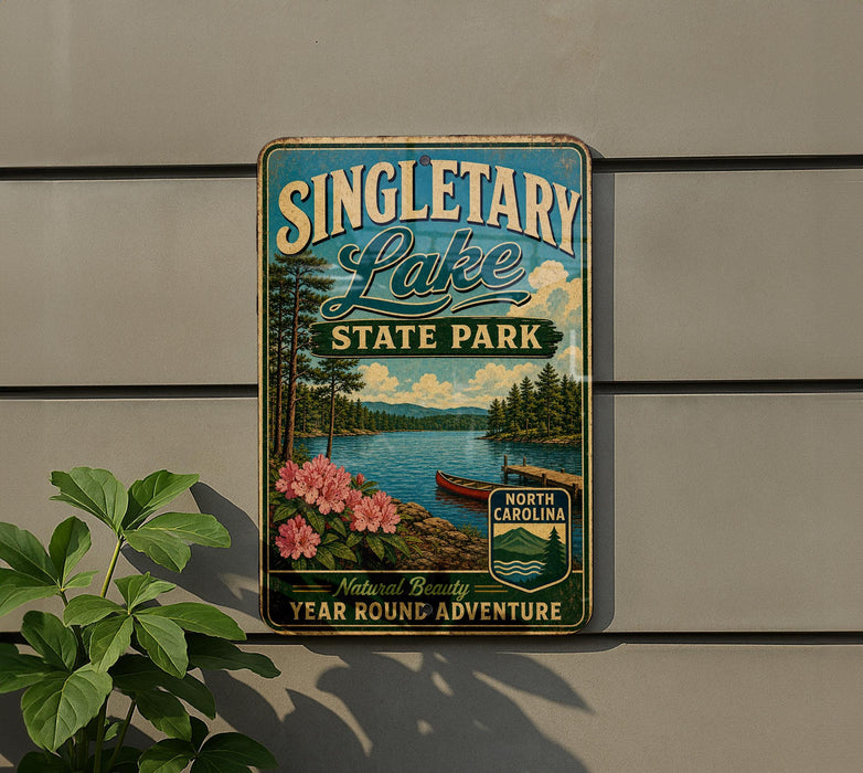 A vintage-style metal sign for Singletary Lake State Park, featuring a scenic landscape with a lake, pine trees, and a boat on the water.
