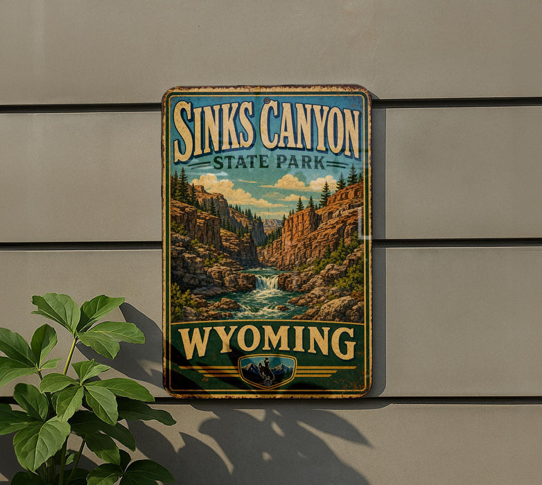 A vintage-style metal sign for Sinks Canyon State Park in Wyoming, featuring a scenic illustration of the canyon landscape with a waterfall.