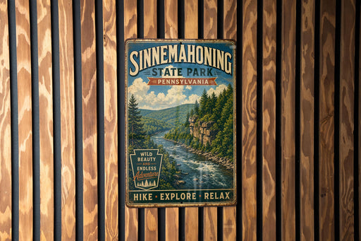 A vintage-style metal sign for Sinnemahoning State Park in Pennsylvania, featuring a scenic image of a river and forest.