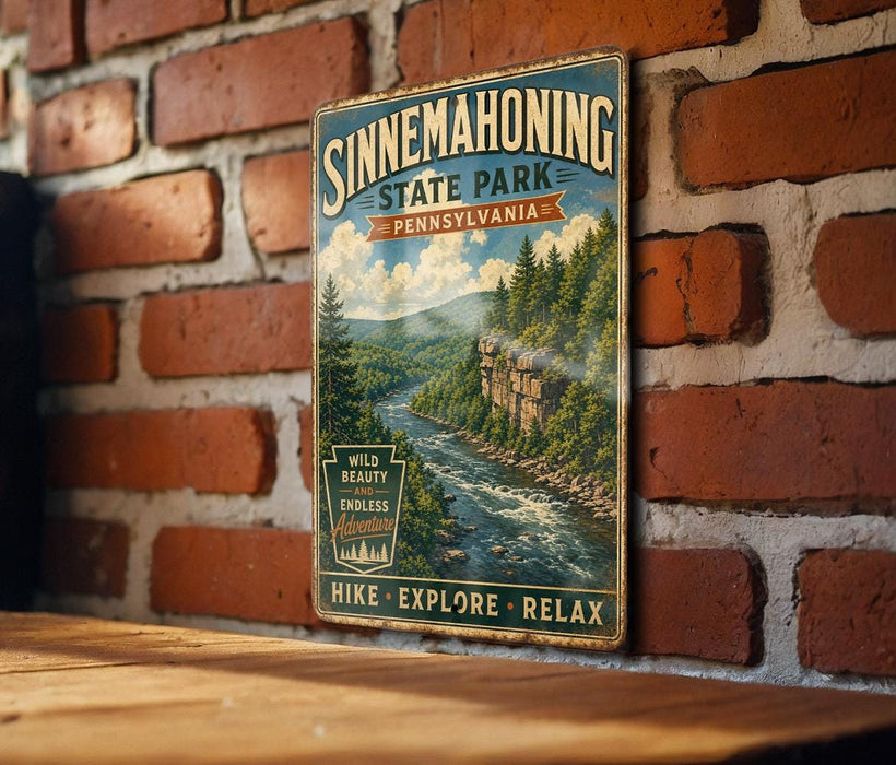 A vintage-style metal sign for Sinnemahoning State Park in Pennsylvania, featuring a scenic illustration of a river and forest landscape.