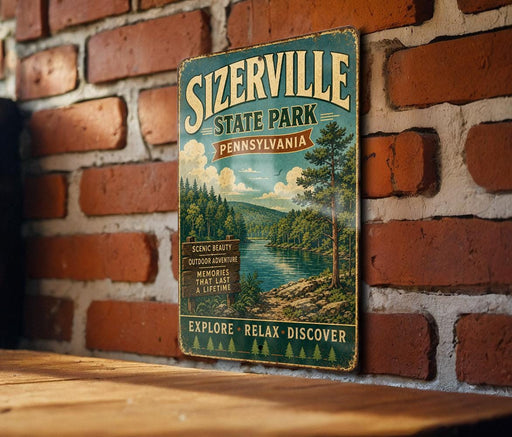 A vintage-style metal sign for Sizerville State Park in Pennsylvania, featuring a scenic landscape with a river and pine trees.