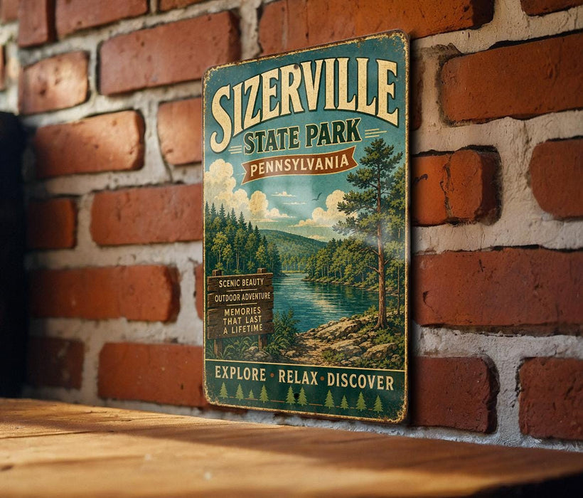 A vintage-style metal sign for Sizerville State Park in Pennsylvania, featuring a scenic landscape with a river and pine trees.