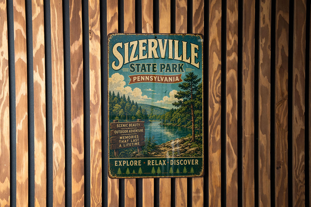 A vintage-style metal sign for Sizerville State Park in Pennsylvania, featuring a scenic image of a forest and a river.