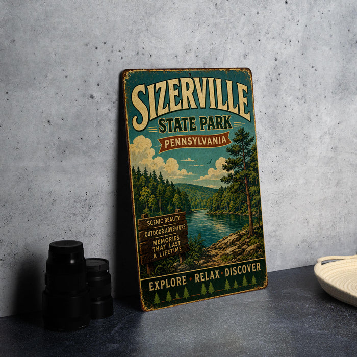 A vintage-style metal sign for Sizerville State Park in Pennsylvania, featuring a scenic landscape with a river and pine trees.