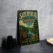 A vintage-style metal sign for Sizerville State Park in Pennsylvania, featuring a scenic landscape with a river and pine trees.