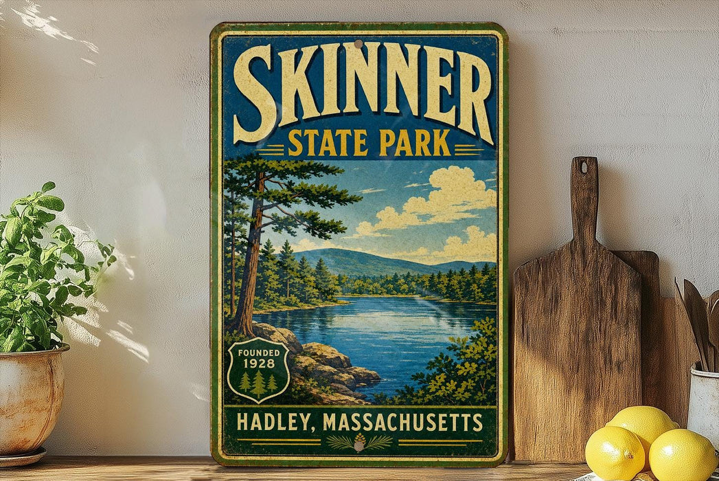 A vintage-style sign for Skinner State Park in Hadley, Massachusetts, featuring a scenic landscape with a lake and mountains.