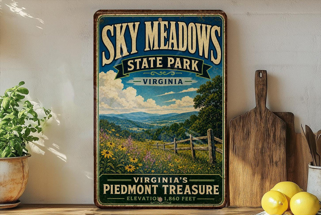 a vintage-style sign for Sky Meadows State Park in Virginia, with a scenic landscape of mountains, fields, and a wooden fence.