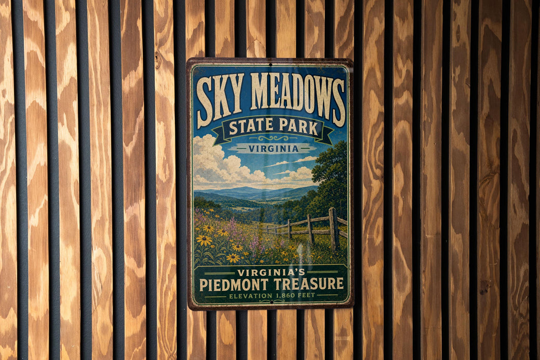 A vintage-style sign for Sky Meadows State Park in Virginia, featuring a scenic landscape with a wooden fence and a field of flowers.