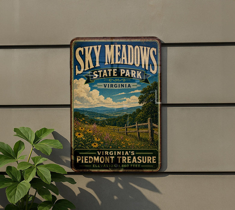 A vintage-style sign for Sky Meadows State Park in Virginia, featuring a scenic landscape with a wooden fence and a field of flowers.
