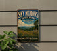 A vintage-style sign for Sky Meadows State Park in Virginia, featuring a scenic landscape with a wooden fence and a field of flowers.