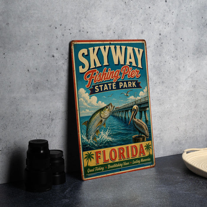 A vintage-style sign for Skyway Fishing Pier in Florida, featuring an illustration of a fish jumping out of the water and a bird perched on a pier.