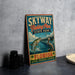 A vintage-style sign for Skyway Fishing Pier in Florida, featuring an illustration of a fish jumping out of the water and a bird perched on a pier.
