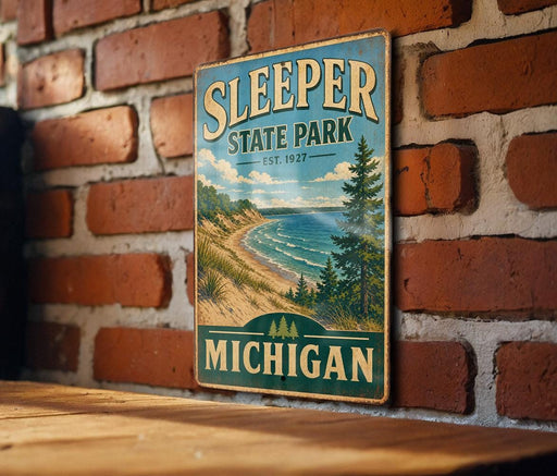 A vintage-style metal sign for Sleeper State Park in Michigan, featuring a scenic landscape with a beach, mountains, and pine trees.