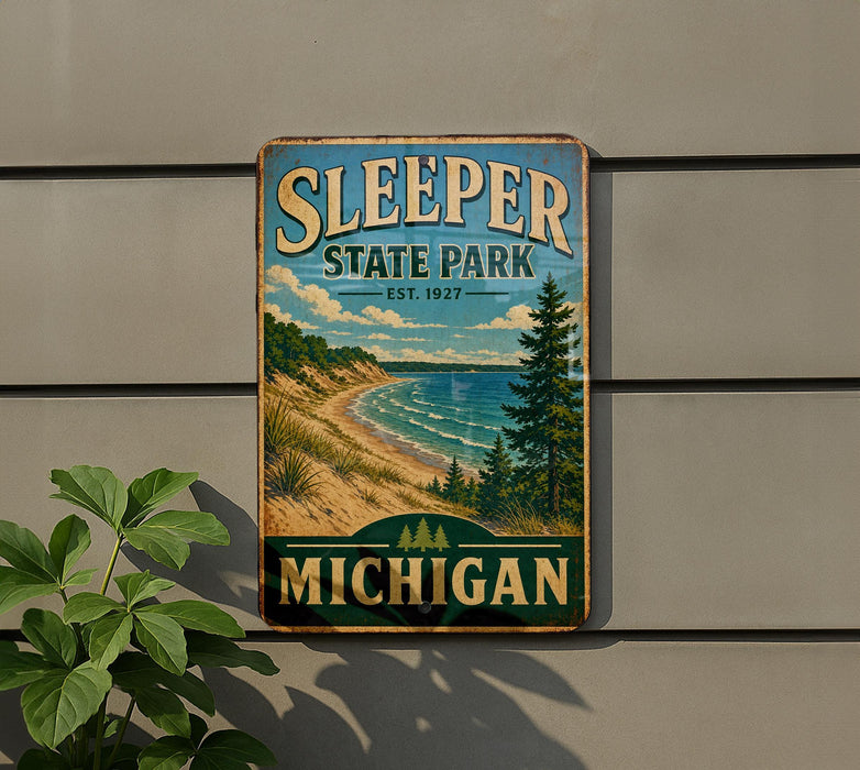 A vintage-style sign for Sleeping State Park in Michigan, featuring a scenic landscape with a beach, mountains, and pine trees.