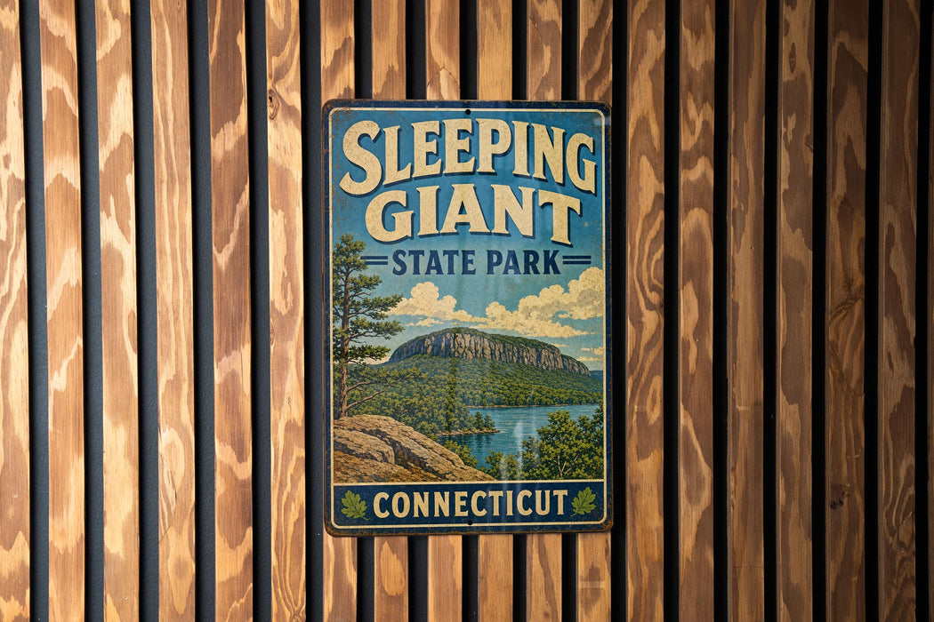 A vintage-style metal sign for Sleeping Giant State Park in Connecticut, featuring a scenic landscape with a mountain and lake.