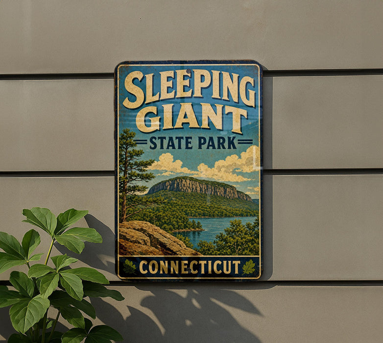 A vintage-style sign for Sleeping Giant State Park in Connecticut, featuring a scenic landscape with a mountain and lake.