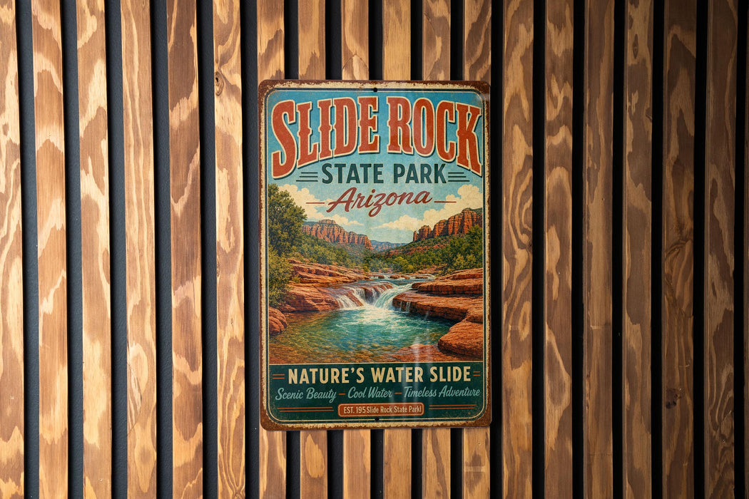 A vintage metal sign for Slide Rock State Park in Arizona, featuring a scenic image of a waterfall and desert landscape.
