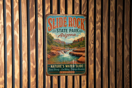A vintage metal sign for Slide Rock State Park in Arizona, featuring a scenic image of a waterfall and desert landscape.