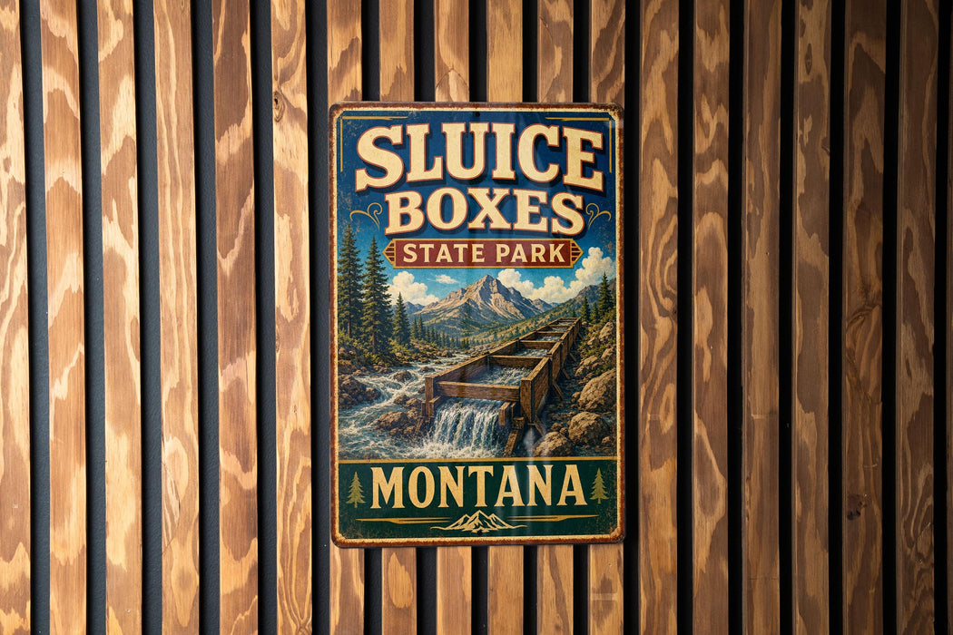 A vintage-style sign for Sluice Boxes State Park in Montana, featuring a scenic mountain landscape with a waterfall.
