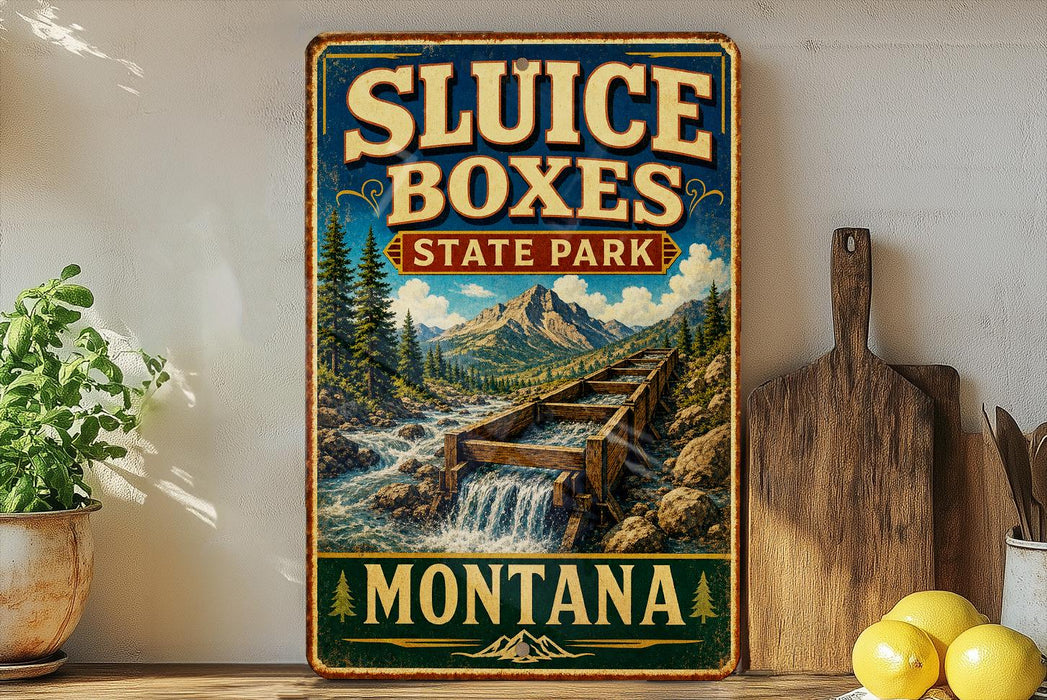 A vintage-style sign for Sluice Boxes State Park in Montana, featuring a scenic mountain landscape with a waterfall.