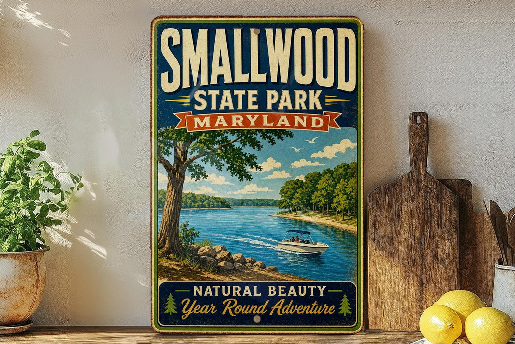 A vintage-style metal sign for Smallwood State Park, Maryland, featuring a scenic image of a lake and a boat, with the text "Smallwood State Park, Maryland, Natural Beauty, Year Round Adventure" displayed prominently.